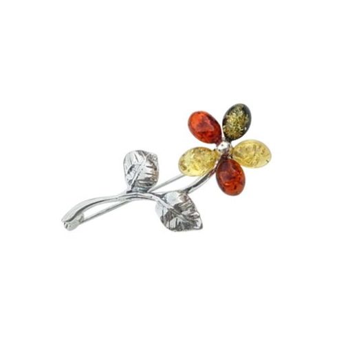 Silver Flower (925) Brooch with Amber Stones B4015.1