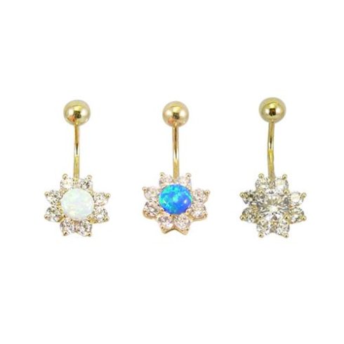Gold Belly Button Ring with CZ Stones - Flower BG12