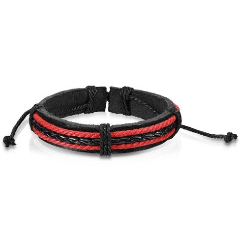 Black leather bracelet with black & 2 red braids HBL0002