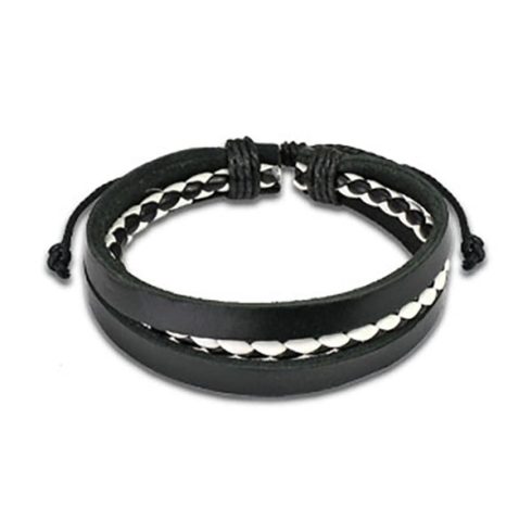 Black leather bracelet with black and white HBL0063