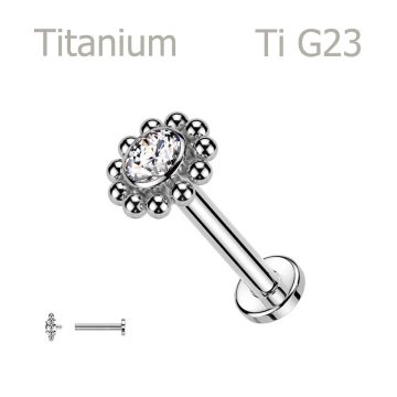   Petalia – titanium labret with CZ and beaded floral frame HTTS37