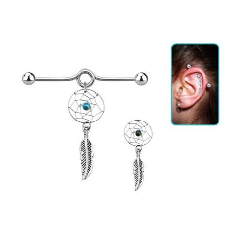 Industrial Barbell with Dream Cathcer and Feather INDDC