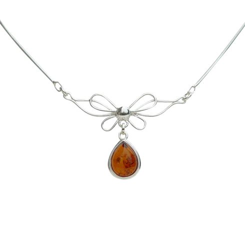 Silver Bow Necklace with Amber Stone N6157.1