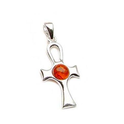 Silver Pendant with Amber Stone - Egyptian Cross P1645