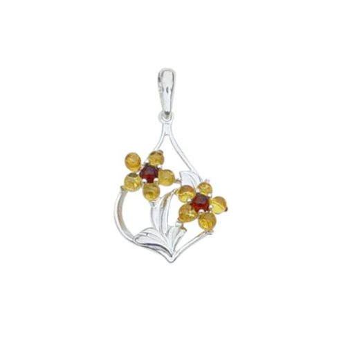 Silver Pendant with Amber Stones - Flowers P327.1