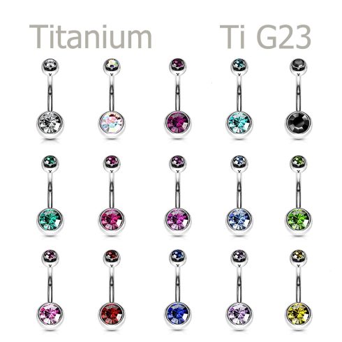 Double jeweled G23 titanium belly button ring with premium crystals, ASTM F136 quality